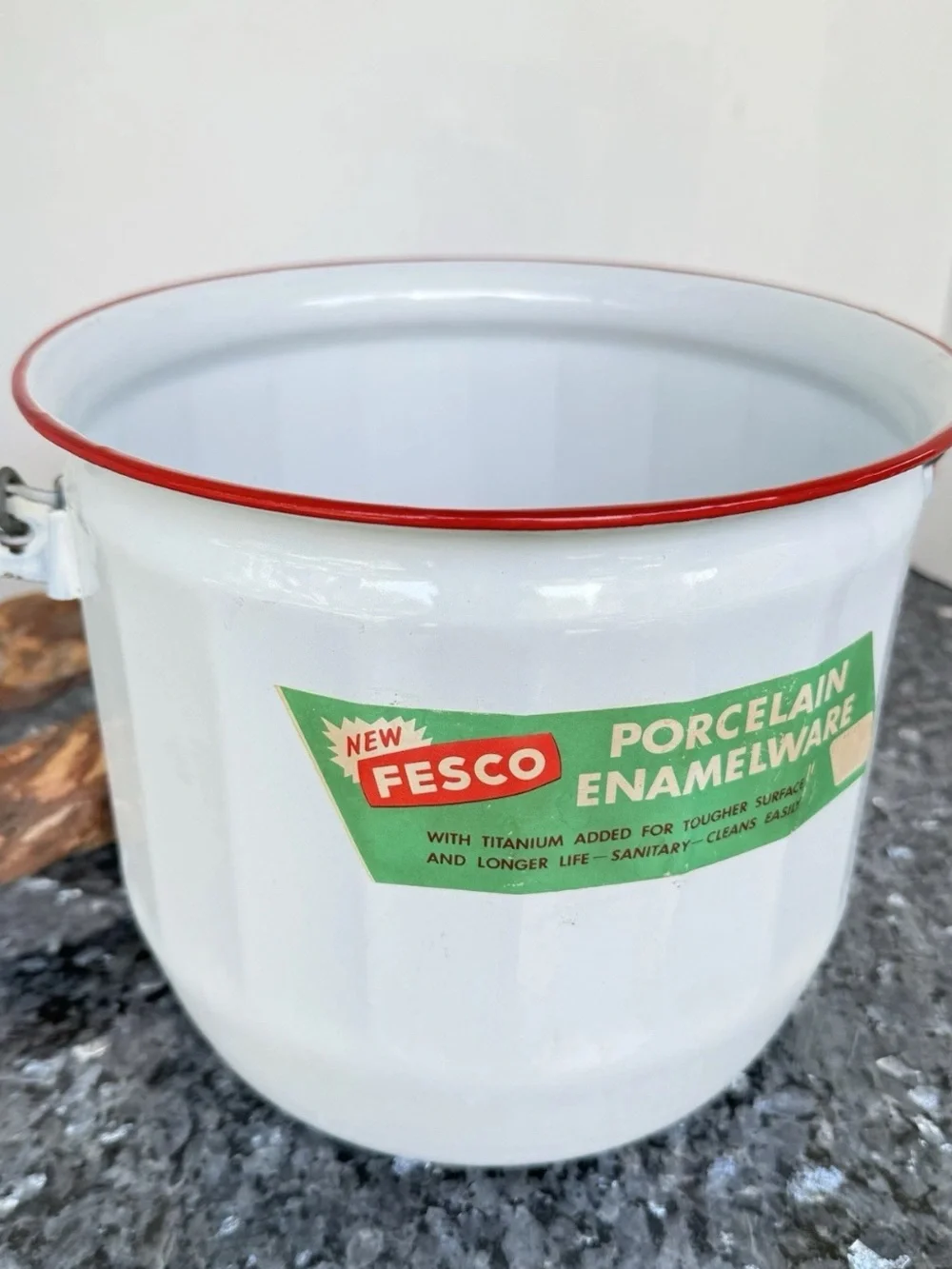 Vintage Fesco Porcelain Enamelware Pot With Wooden Handle, 8” White & Red Bucket